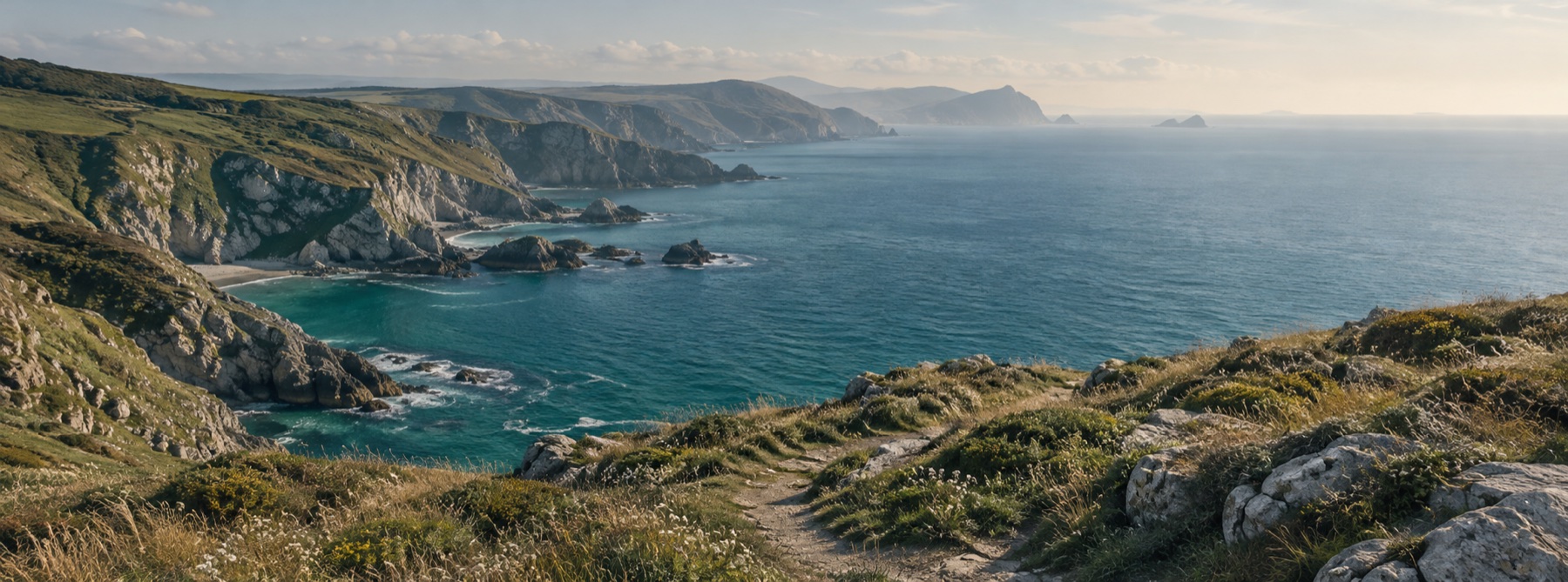 A remote coastal path above a deep teal sea and layered headlands.