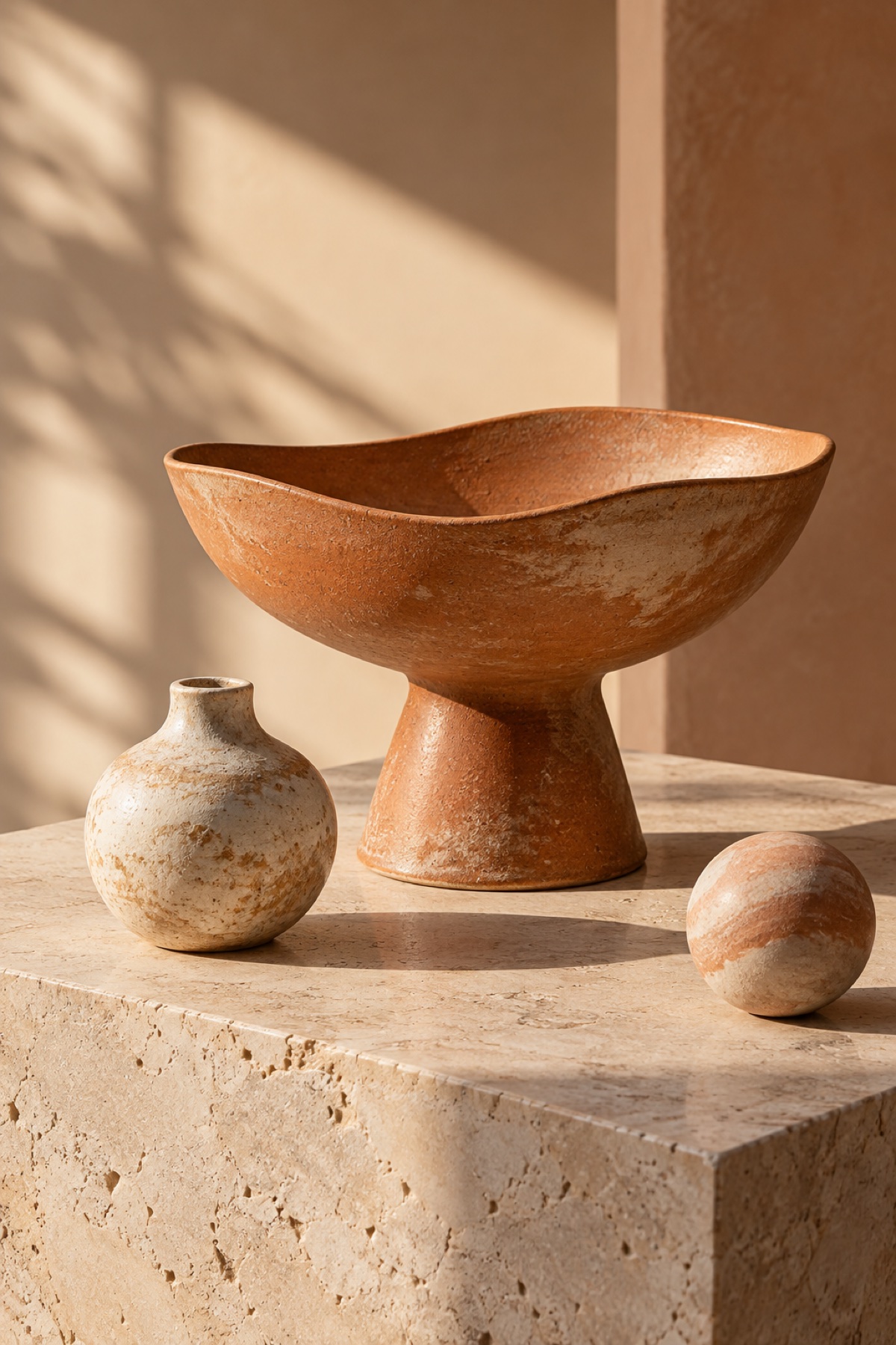 Hand-thrown terracotta and chalk ceramic objects arranged on a limestone plinth.